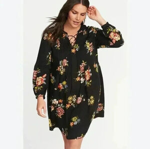 Old Navy Long Sleeve Baby Doll Dress Black Floral Lace Up Pin Tucks sz X…
